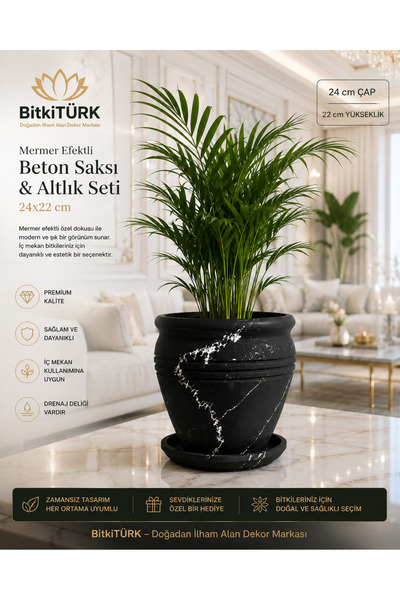 BitkiTÜRK Mermer Efektli Beton Saksı ve Altlık Seti 24x22 cm Siyah Dekoratif ...