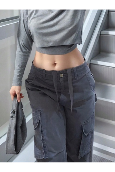 NO BRAND Pantaloni simpli, gri închis, clasici, cu talie joasă, cu buzunare n...