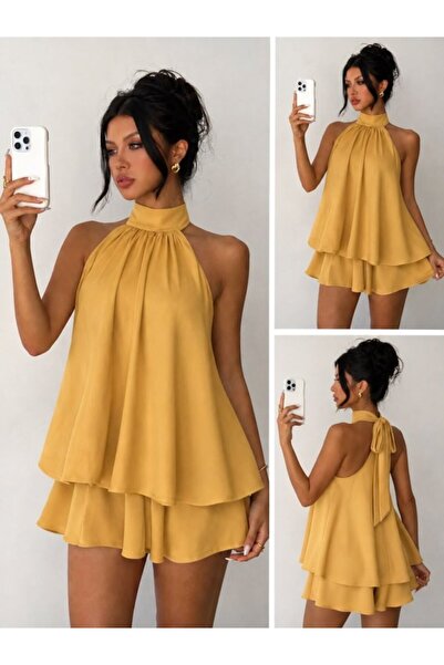 Wear Up فستان ميني للمرأة بياقة هالتر وتفاصيل فولان