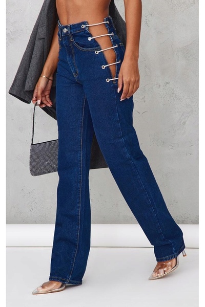 NO BRAND Pantaloni drepți din denim bleumarin cu talie înaltă Prettylittlethi...