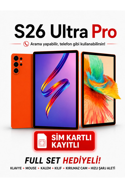 asfteknoloji S26 Pro Sim Kartlı Klavye+Mous+Kalem+Kılıf+Kırımazcam+Şarj Hediye