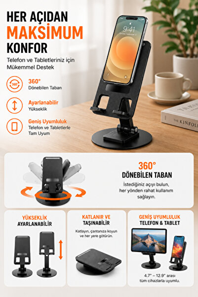 omitech 360° Döner Alüminyum Ayarlanabilir Telefon ve Tablet Standı Katlanabilir Masaüstü Telefon Tutucu