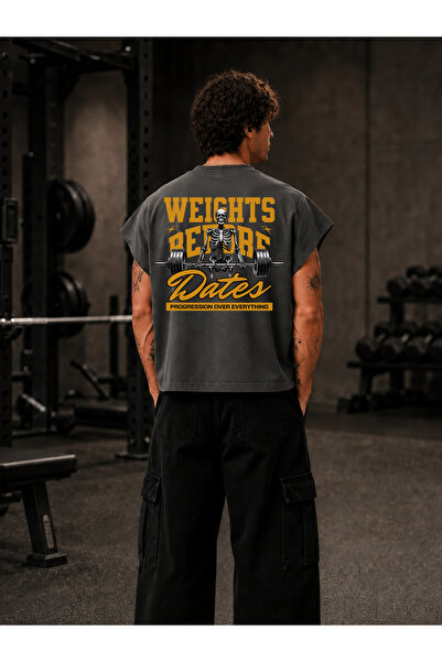 EVIus تي شيرت GYM Sporcu Weights Before Dates مطبوع بمقاس كبير وقصة مربعة بدو...