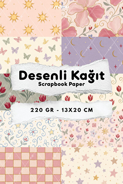 Mimu Art Studio Çiçek Lale Kelebek Güneş Ay Yıldız Desenli Kağıt Seti Scrapbo...