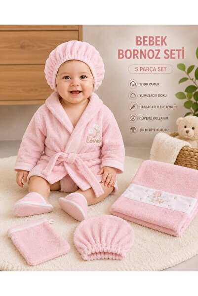 Movamirbaby 5 Parça Yenidoğan Bebek Bornoz Seti %100 Pamuk Doğum Hediyesi