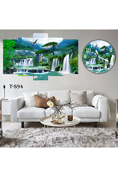 BellaaaModa Manzara Dekoratif Desenli Mdf Tablo 5 Parça Set ve Saatli Takım, ...
