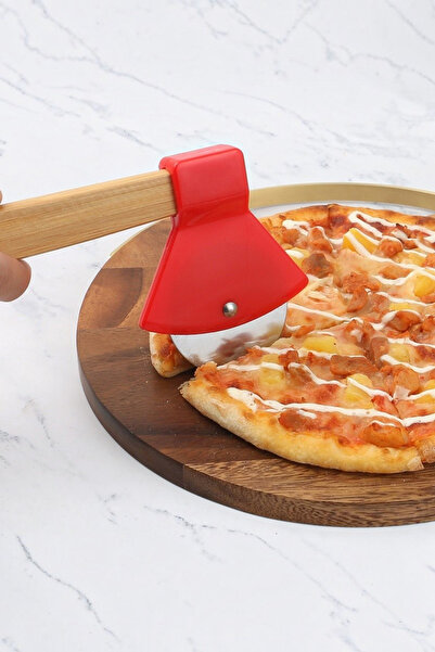 safestore Wooden Handle Axe-Style Pizza Cutter Stainless Steel Rotating Blade...