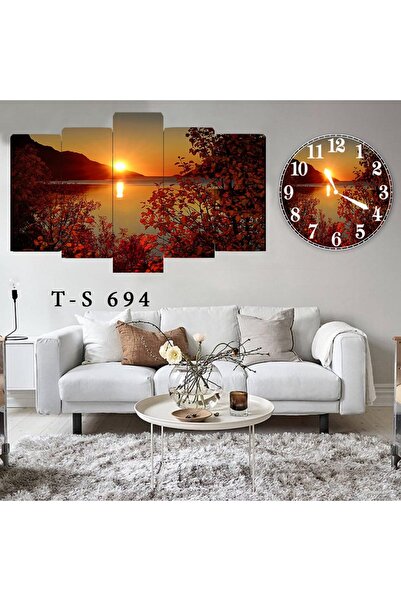 BellaaaModa Manzara Dekoratif Desenli Mdf Tablo 5 Parça Set ve Saatli Takım, ...