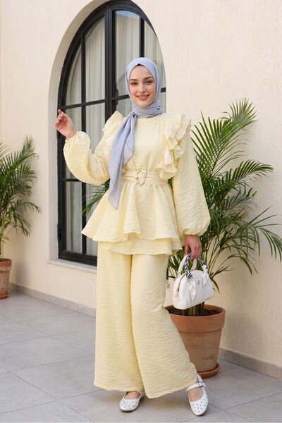 Modamorfo Voile Suit with Ruffled Front, Segmented Sleeves and Elastic Pants ...