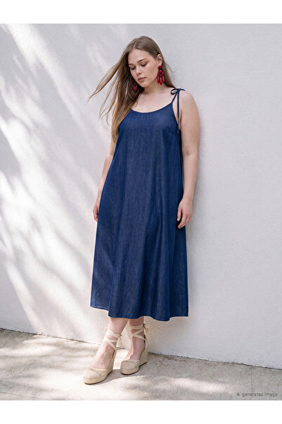 LC Waikiki Blue Plus Size U-Neck Rope Strap Jean Dress