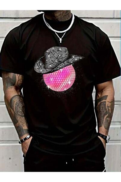 799 100% Cotton Cowgirl Pink Disco Ball With Cowboy Hat Retro T-Shirt Men's W...