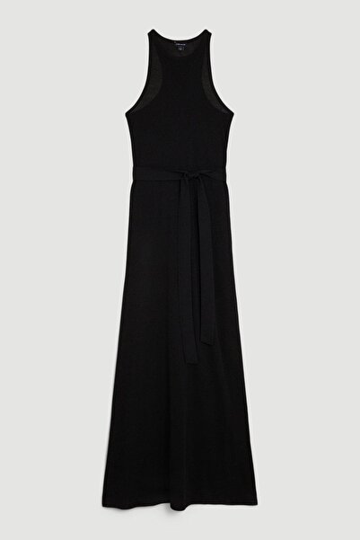 NO BRAND Rochie maxi neagră clasică, dreaptă, culoare uni, cu curea, Karen Mi...