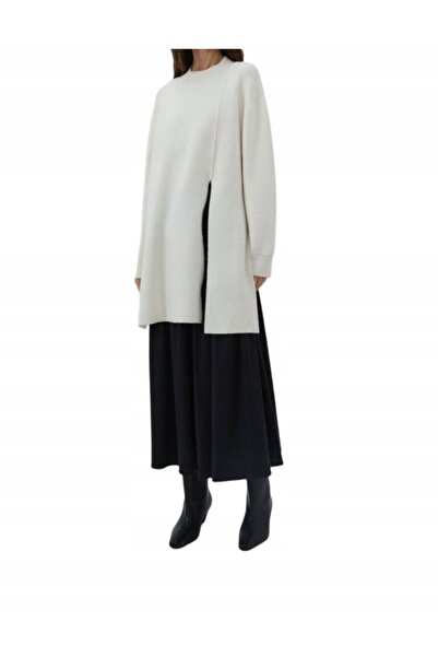 NO BRAND Pulover crem oversize, cu mâneci lungi cu șliț, neted, cu lână, m