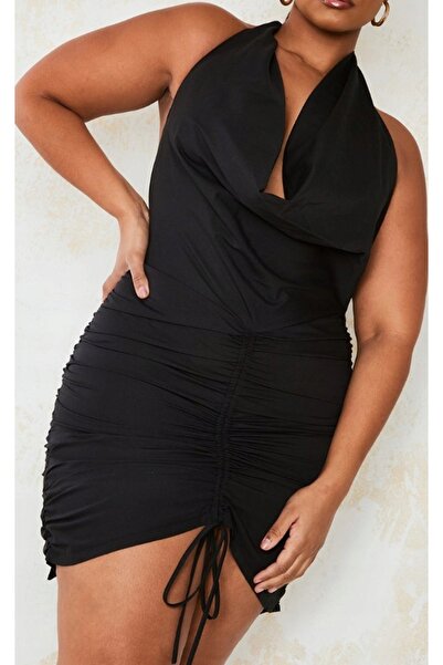 NO BRAND Rochie mini neagră cu guler tip cravată și șnur, Prettylittlething 32