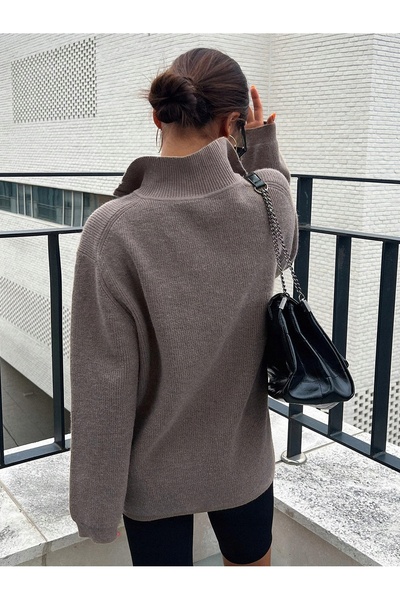 NO BRAND Pulover gri oversize simplu, cu guler înalt larg și fermoar, Dazy m