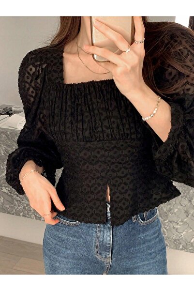 NO BRAND Top negru Shein cu mânecă lungă, decolteu pătrat, texturat, cu șliț,...