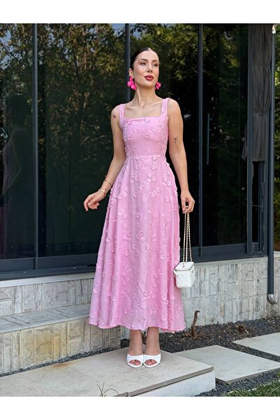 mafdress Kadın Kare Yaka Çiçek Desen Pembe Kalın Askı Belden Oturan Abiye Elbise