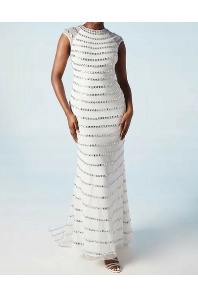 NO BRAND Rochie de mireasă maxi, albă, clasică, mulată, cu mărgele și trenă, ...