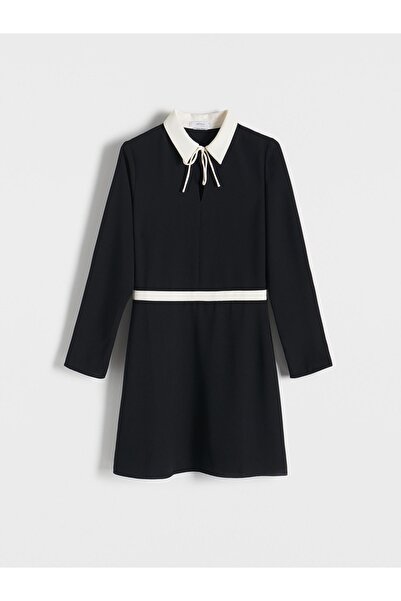 NO BRAND Rochie mini trapezoidală neagră, netedă, cu mâneci lungi, guler cu ș...