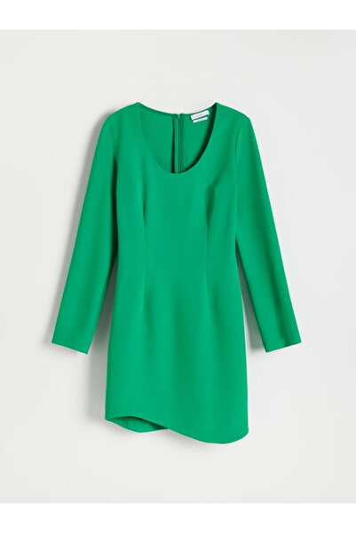 NO BRAND Rochie mini asimetrică verde, cu mâneci lungi, tunelată, uni, XS