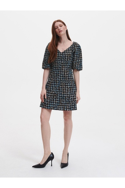 NO BRAND Rochie neagră texturată, mini, cu mâneci scurte bufante, Classic Res...
