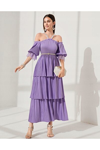 NO BRAND Rochie mov Midaxi cu umerii goi, mânecă scurtă, cu volane, Shein XL