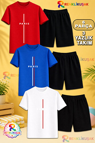 RENKLİKUŞAK Unisex Çocuk Parıs Dik 2 Çizgi Krmz Byz Baskılı Bisiklet Yaka Tiş...
