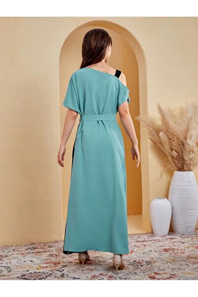 NO BRAND Rochie albastru-negru, tip tunică, cu cordon, decorată cu paiete, Sh...