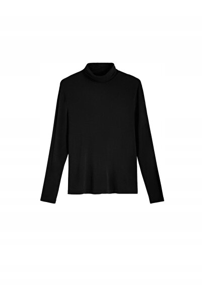 NO BRAND Tricou negru neted cu guler înalt, mânecă lungă, cu amestec de lână,...