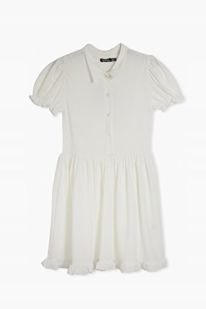 NO BRAND Rochie mini netedă din dantelă albă, cu nasturi și volane, guler, Bo...