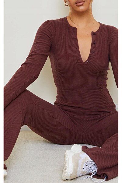 NO BRAND Salopetă maro combinată cu mâneci lungi și nasturi PRETTYLITTLETHING 44