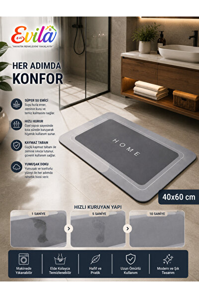 40x60 cm Kaymaz Tabanlı Banyo Paspası Süper Su Emici Hızlı Kuruyan Yumuşak Dokulu Gri