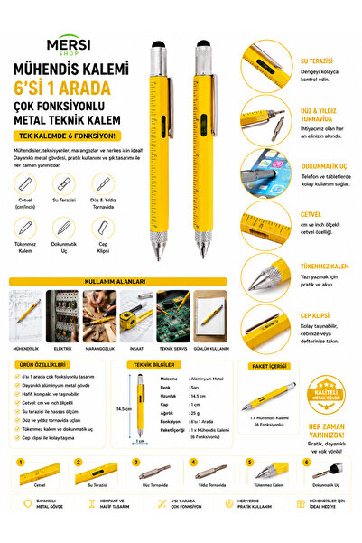 Mersi SHOP Mühendis Kalemi – 6'sı 1 Arada Çok Fonksiyonlu Metal Teknik Kalem ...