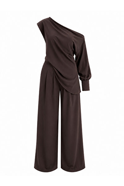 My Blog Brown Shoulder Detail Blouse and Pants Set - 8007