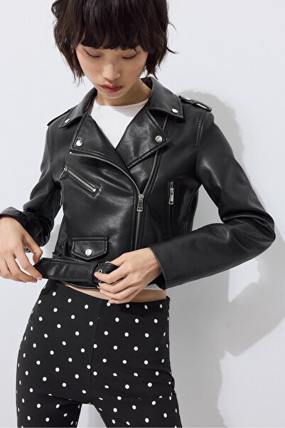 Stradivarius Kemerli suni deri biker ceket