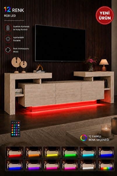 webotto 8 Bulforte RGB LED Işıklı Tv Ünitesi 190cm Traverten Desen Tv Sehpası...