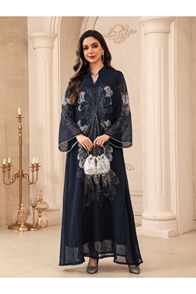 Classy She Luxury Beaded Sequined Long Jalabiya V-neck Loose Slimming Dress F...
