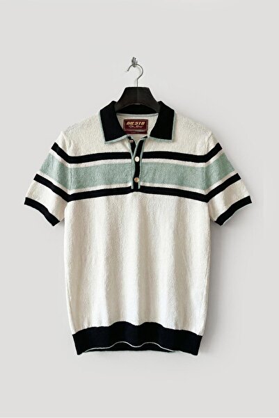 GIESTO Gold Buttoned Striped Polo Collar Green Tricot T-Shirt
