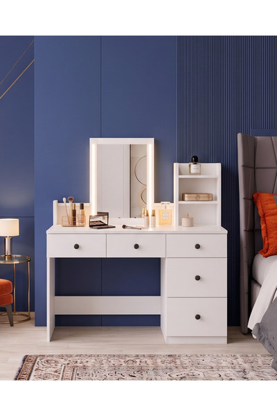 Bravo Home Bravo M1 Premium Işıklı Makyaj Masası Beyaz - 5 Çekmeceli Aynalı K...