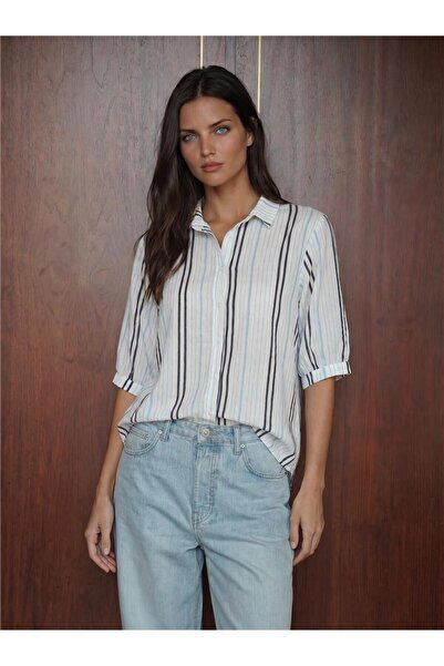 WeShaya Light Blue Viscose Cotton Nylon Blended Striped Short Sleeve Buttoned...