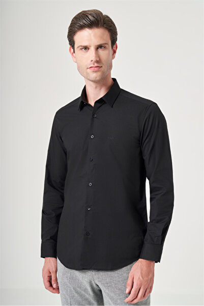 İmza Black Hard Collar Long Sleeve Pocketless Slim Fit Cotton Shirt 1004260181