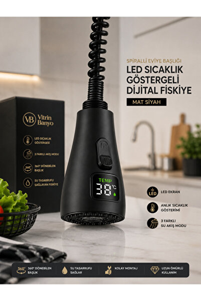 vb vitrinbanyo Spiral Sink Head with Led Temperature Display Digital Faucet M...