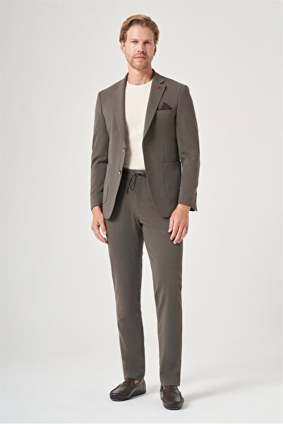 İmza Khaki Mono Collar 6 Drop Slim Fit Elastic Waist Suit 1001260194