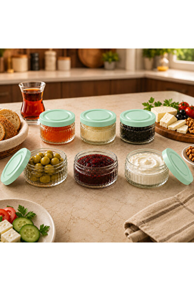 EVORRA LİVİNG 6-Piece Glass Breakfast Set 140 Cc |   Mint Green Lidded Airtig...