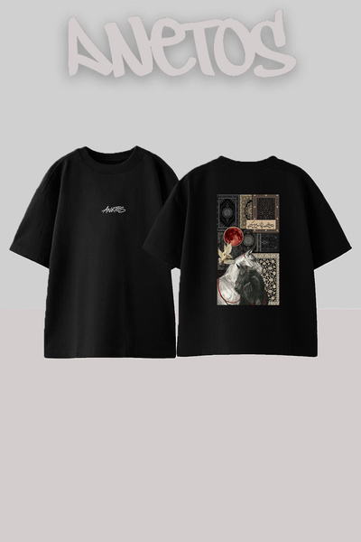 Anetos Horses Red Moon Design Back Printed Cotton Black Oversize T-Shirt