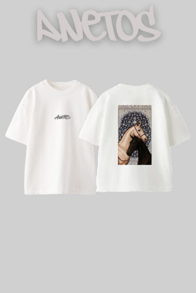 Anetos Horses Persian Hali_1 Design Back Printed Cotton White Oversize T-Shirt
