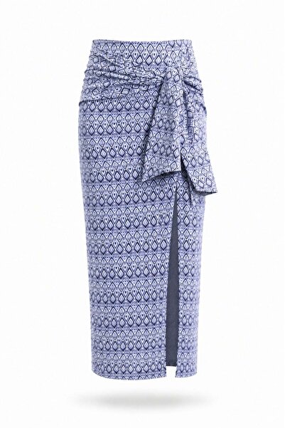 5in1Canpolat Blue Self-Belted Patterned Skirt 03348