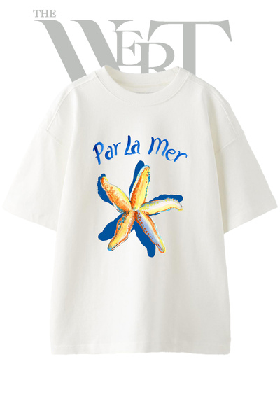 THEWERT Watercolor Starfish Design Printed Unisex White Oversize T-Shirt
