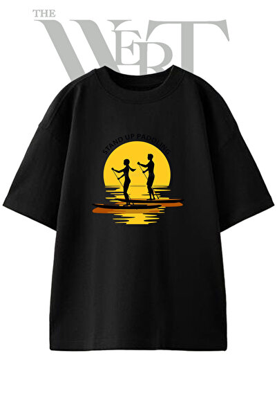 THEWERT Stand up Paddling Design Printed Unisex Black Oversize T-Shirt