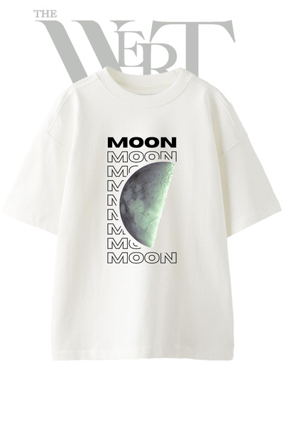THEWERT Moon Design Printed Unisex White Oversize T-Shirt
